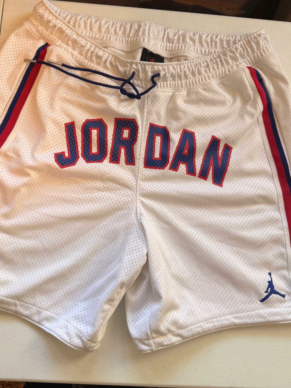 Jordan White Mesh Shorts with Red Jumpman Accent